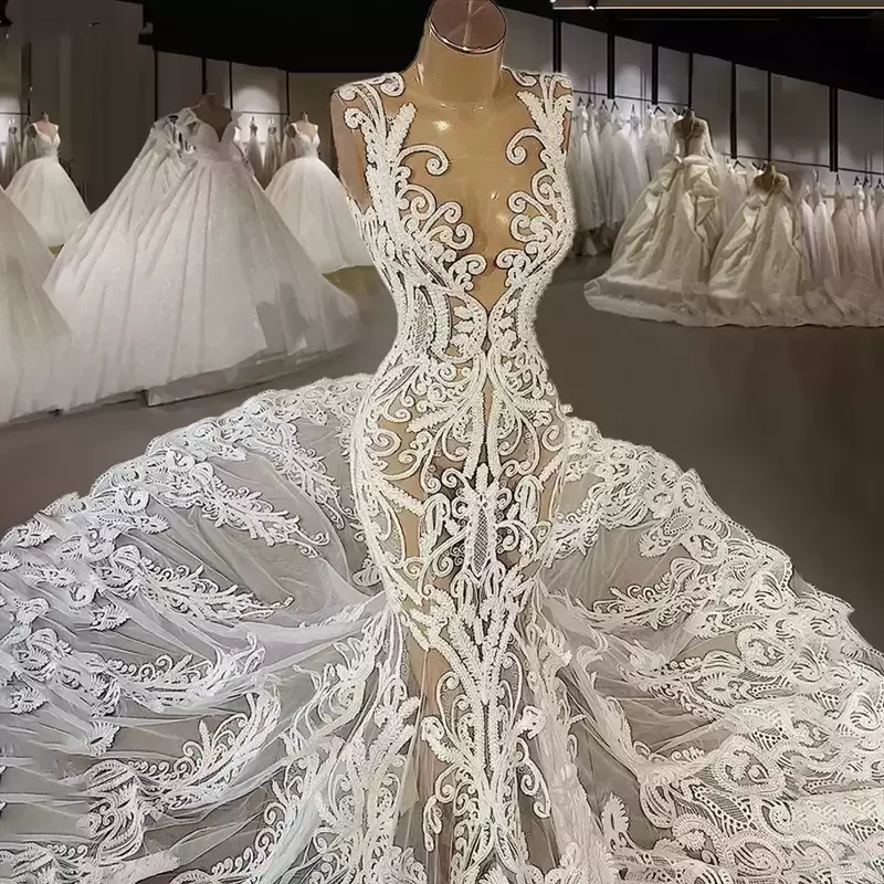 Gaun pernikahan putri duyung renda seksi mewah klasik stiker Decal leher perhiasan tipis gaun pesta pengantin fondasi taman pantai baru 2024