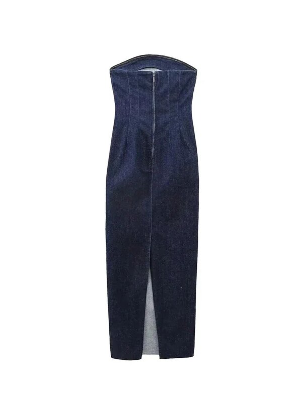 Nlzgmsj-Vestido longo jeans sem alças feminino, vestido dividido com zíper sem costas, Azul, Sexy, Festa noturna, Fêmea, Verão