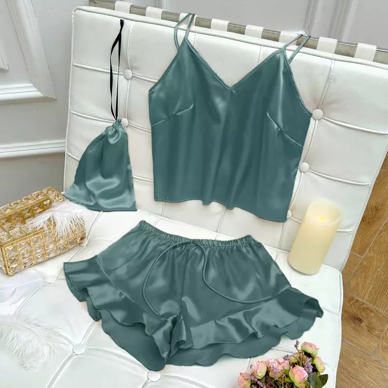 Модный сексуальный комплект нижнего белья, женская одежда для сна из 2 предметов, пижамы, Шелковый Атласный топ и шорты, женская пижама