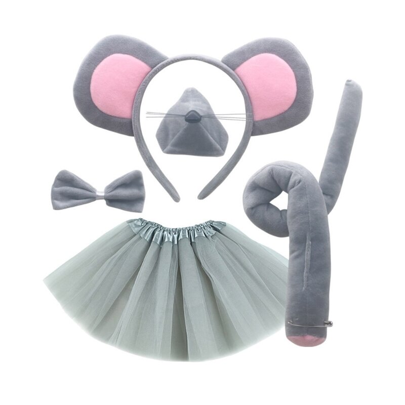 Set kostum tikus, telinga tikus ikat kepala, ekor dasi kupu-kupu sarung tangan hidung rok Tutu untuk anak-anak Halloween Natal hewan Cosplay