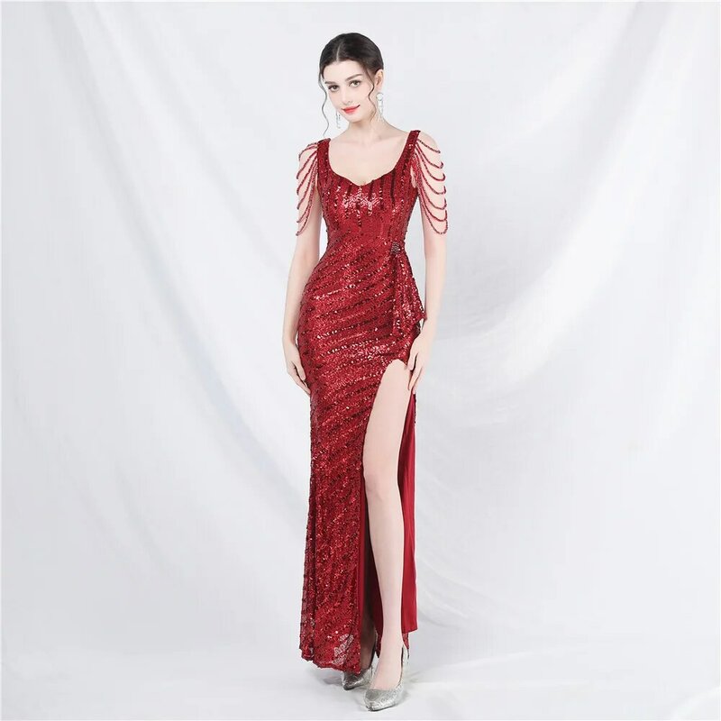 DEERVEADO Mermaid Slit Sequined Luxury Beading Evening Dresses for Woman Elegant Party Maxi Dress Formal Occasion Dresses