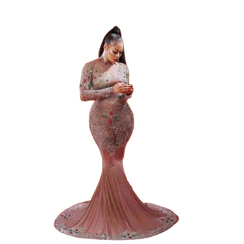 Robe Sirène Transparente avec Strass pour Femme, Costume de Scène Sexy, Tenue de Soirée et de Mariage, Nouveau Produit