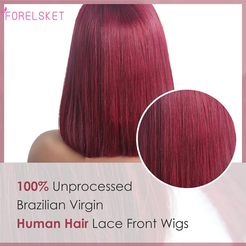 99J Burgundy Lace Front Wigs Human Hair,Wine Red Short Straight Bob Wig 13x4 HD Pre Pucked Per Cut Closure Wigs For Black Woman