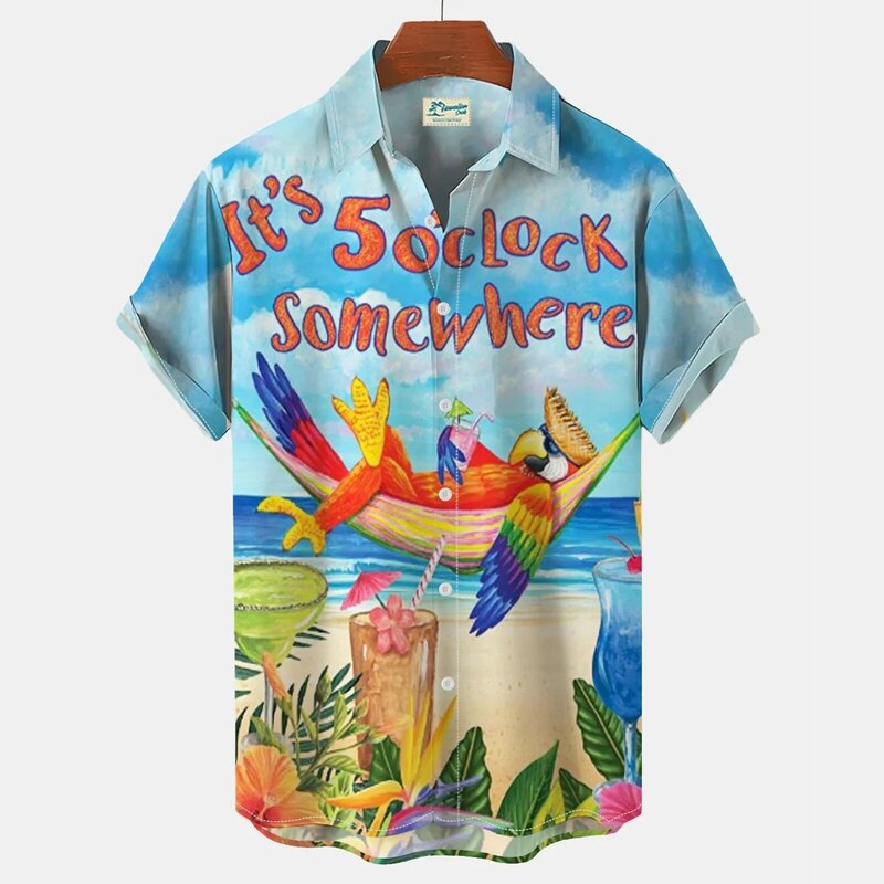하라주쿠 3D 프린트 여름 섹시한 앵무새 셔츠, 짧은 하와이 해변 남성 의류, 빈티지 꽃 블라우스, 로커빌리 패션