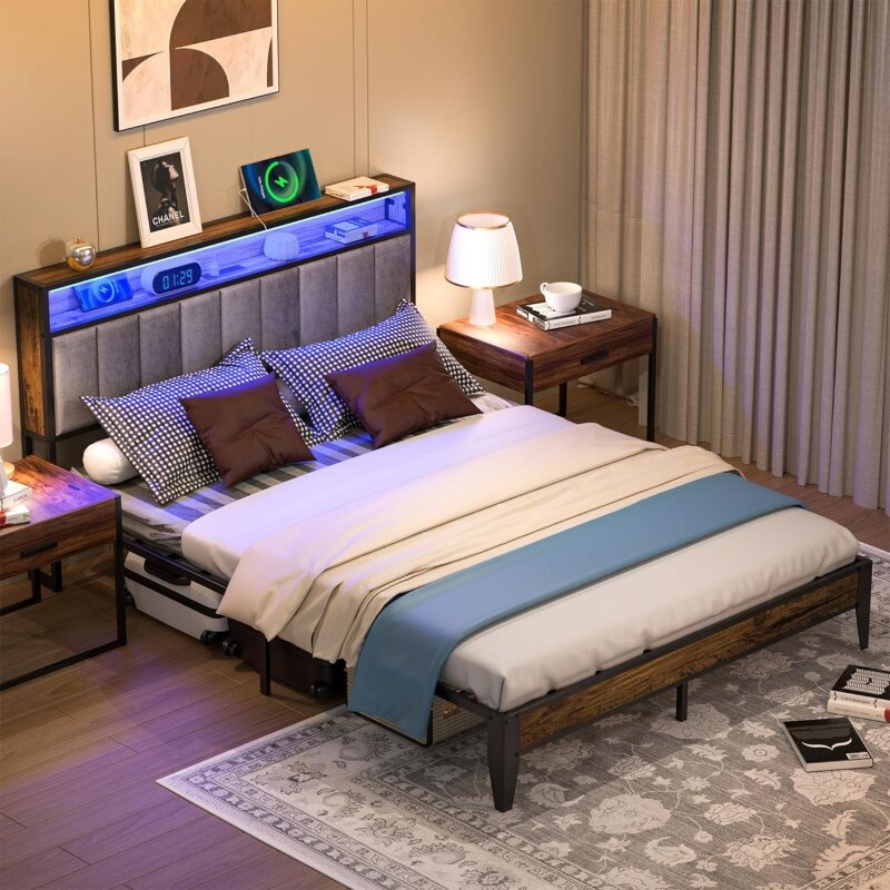 Cadre de lit Queen Size, plate-forme en métal avec rangement, panneau de sauna lumineux LED, 1 type C et 2 stations de charge USB, non