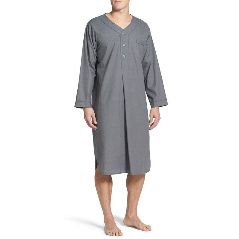 Camisola de manga comprida solta com decote em v masculina, pijama leve, pijama de algodão, camiseta azul clara e cinza, M, 3XL
