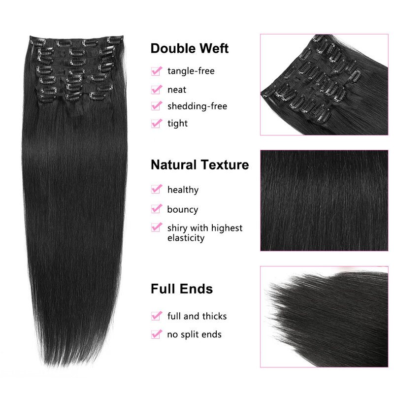 Extensão de cabelo reto com clipe para mulheres, cabelo humano, remy brasileiro, natural, moderno, peruca de cabeça cheia, 16 em 24 polegadas