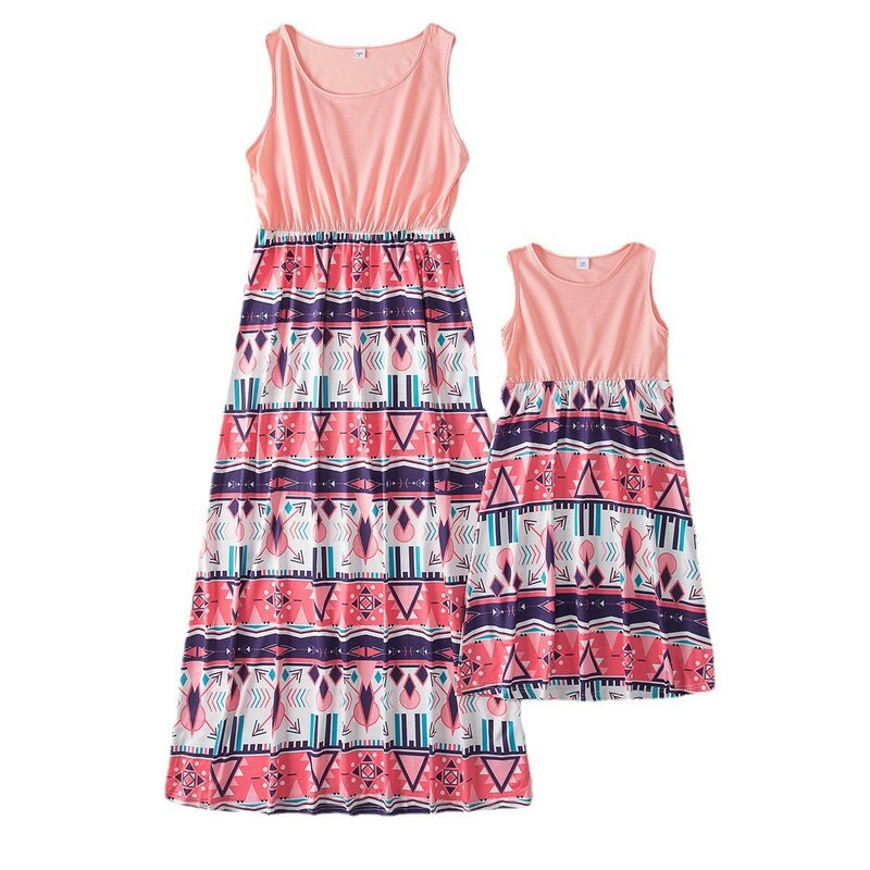 KOENVE Summer Parent-Child Dress Printed Floral Long Dress Sling Dress Beach Dress