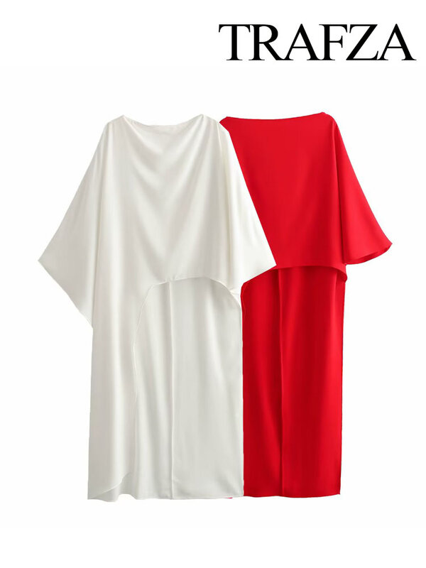 TRAFZA-Camisa de cetim vermelha assimétrica feminina, camisa longa casual, estilo natalino, elegante, gola redonda, outono, 2024