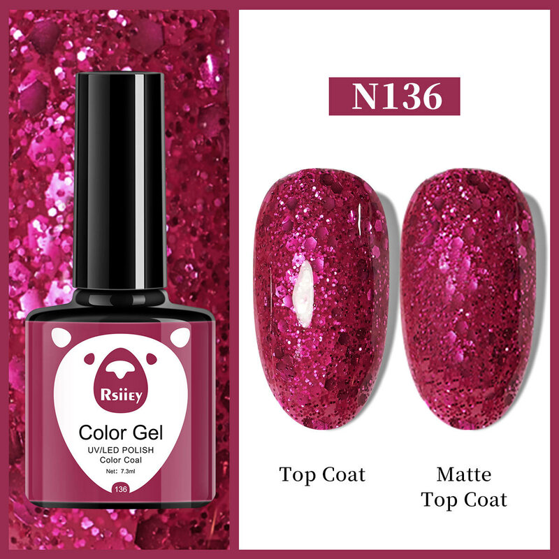 RSIIEY 7.3ml Glitter Gel Nail Polish Rose Pink Series Glitter Soak Off UV LED Nail Art Gel Varnish With Any Color Base Top Coat