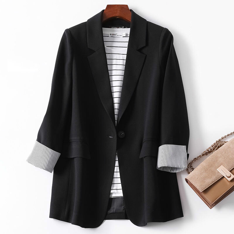 Mantel kotak-kotak bisnis wanita, jaket Blazer kasual lengan panjang untuk kerja kantor musim semi