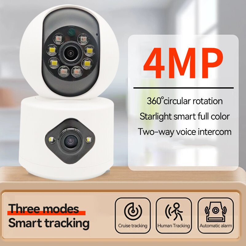 Kamera pengawas Wifi 4MP lensa ganda, kamera IP Video pengawasan bayi perlindungan keamanan rumah malam pelacakan penglihatan