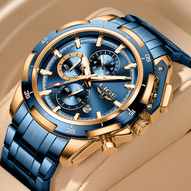 LIGE jam tangan Quartz pria antiair, jam tangan besar olahraga baja sepenuhnya mewah 2023
