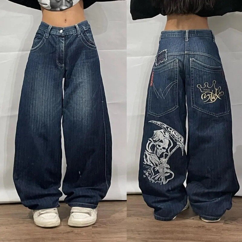 Deeptown Vintage Y2k Jeans kebesaran Harajuku Streetwear Hip Hop bordir celana Denim longgar Jepang 2000s celana Gotik