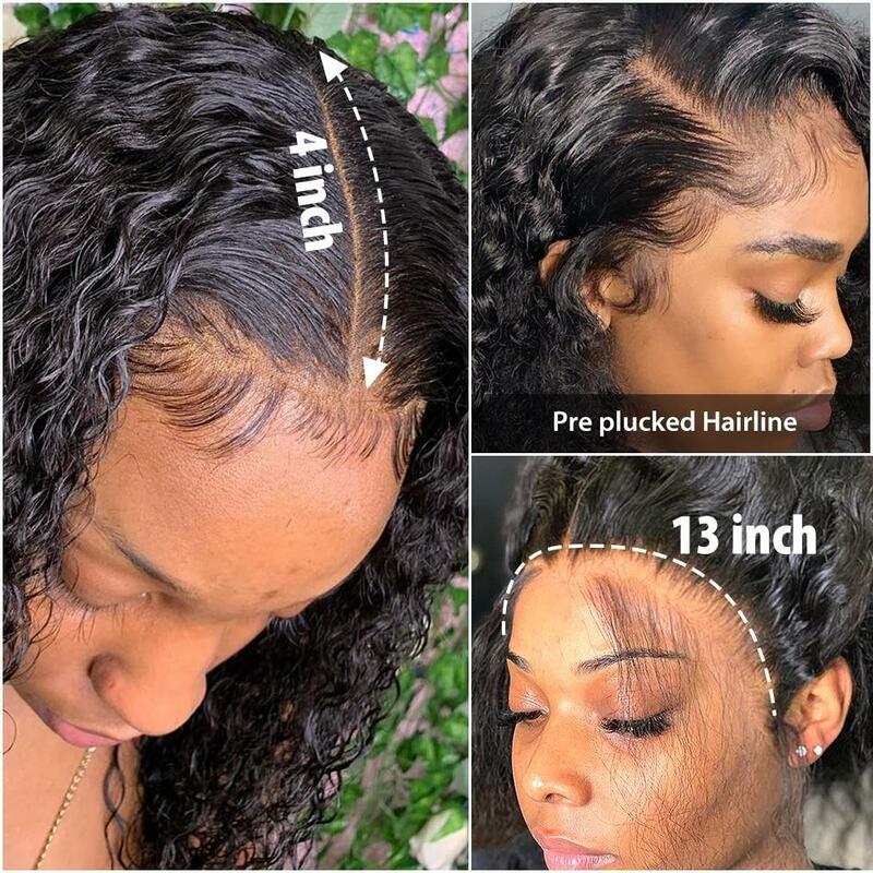 Transparente encaracolado peruca dianteira do laço para as mulheres, peruca profunda onda, perucas de cabelo humano, onda de água, laço HD, 4x4 encerramento, 13x6, 30 Polegada