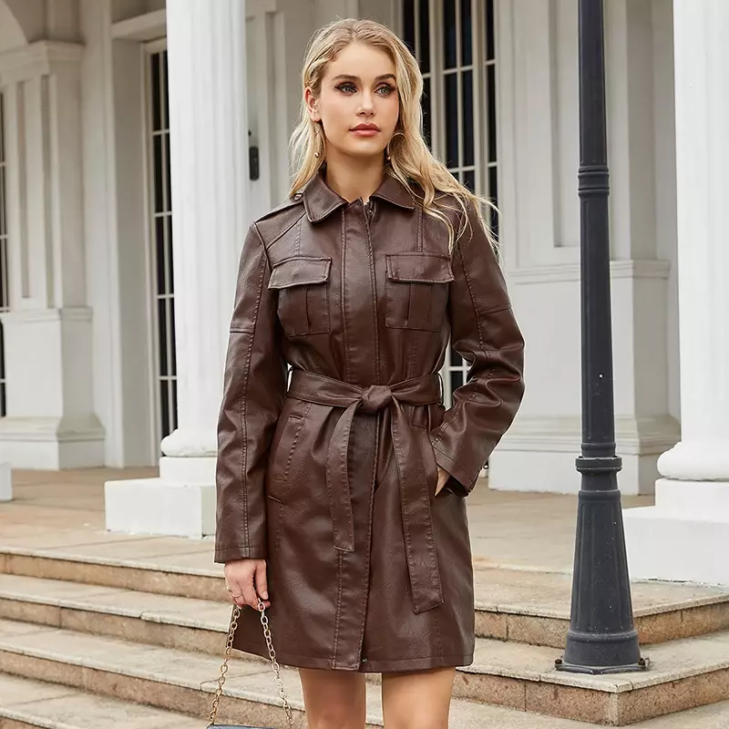 Modna damska niszowa kurtka ze skóry sztucznej płaszcze proste jednolite kołnierzyki sznurowane biurowa, damska eleganckie wąskie płaszcze