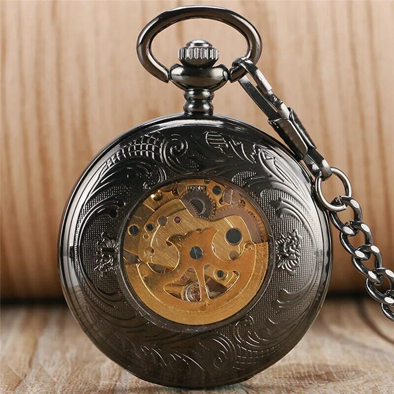 Antique Black Pocket Watch Skeleton Automatic Mechanical Watches for Men Women Arabic Number Half Hunter Clock Pendant Chain