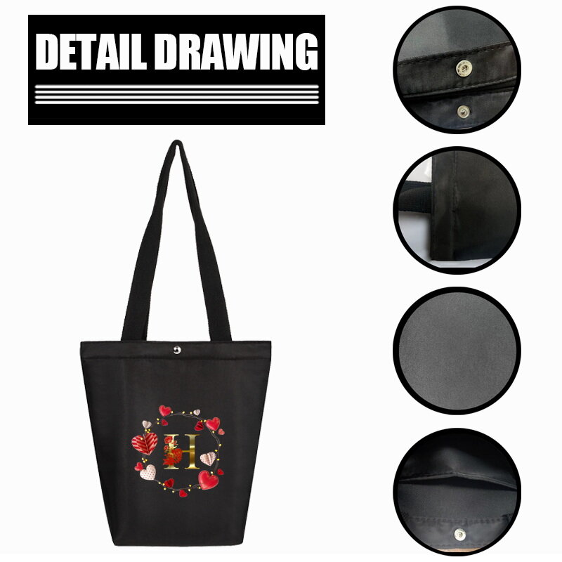 Love Letter Pattern Printed Black Canvas Bag Women's Handbag Reusable Foldable Large Capacity Shoulder Bag