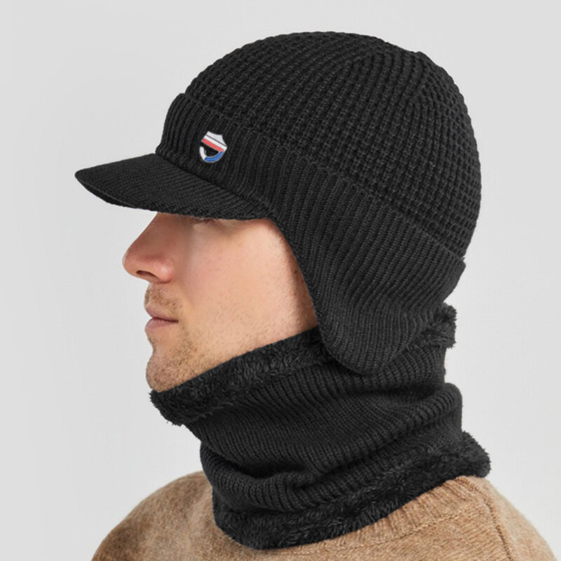 Chapéu do Beanie viseira masculino com lenço, malha de pelúcia forrada, proteção de ouvido, frio e quente, malha, inverno, 2 peças por conjunto