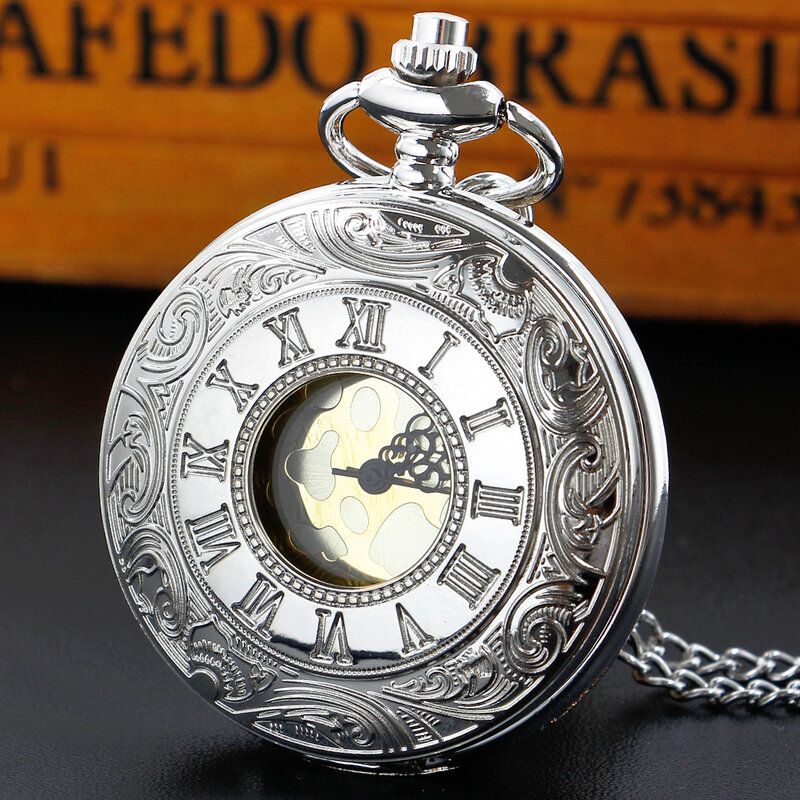 Silver/Bronze/Black Roman Numerals Quartz Pocket Watch Steampunk Men Women Hollow Case Vintage Pendant  with Chain Gifts