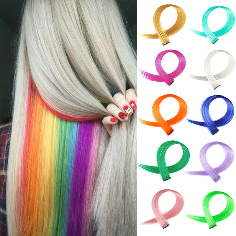 Extensão sintética do cabelo com clip reto longo para mulheres, peruca, alta temperatura, roxo, rosa, vermelho, azul, rosa, colorido, um