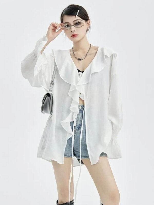 Camicie con volant donna stile Preppy coreano traspirante accogliente manica lunga High Street Fashion Hipster abbigliamento Summer College Chic