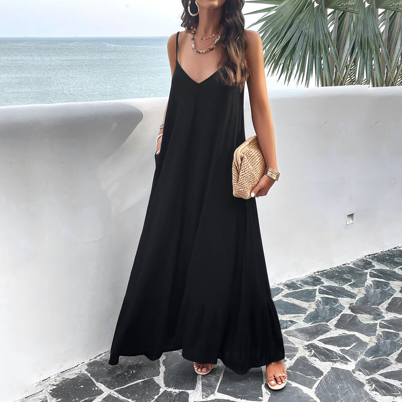 YEAE Summer Casual Halter Dress Solid Color Sleeveless Loose V-Neck Backless Long Women's Dresses Home Vacation Commuter 2024New