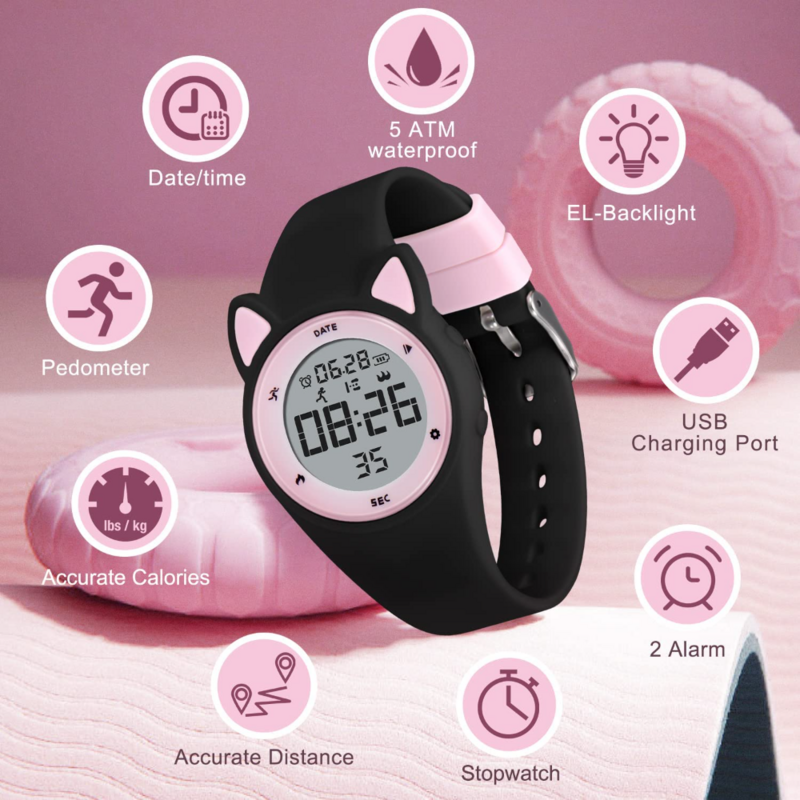 Jam Tangan Digital Anak untuk Anak Laki-laki Perempuan Jam Tangan Olahraga Tahan Air Jam Alarm Pelacak Kebugaran Stopwatch Tali Jam Tangan Silikon Aman untuk Makanan