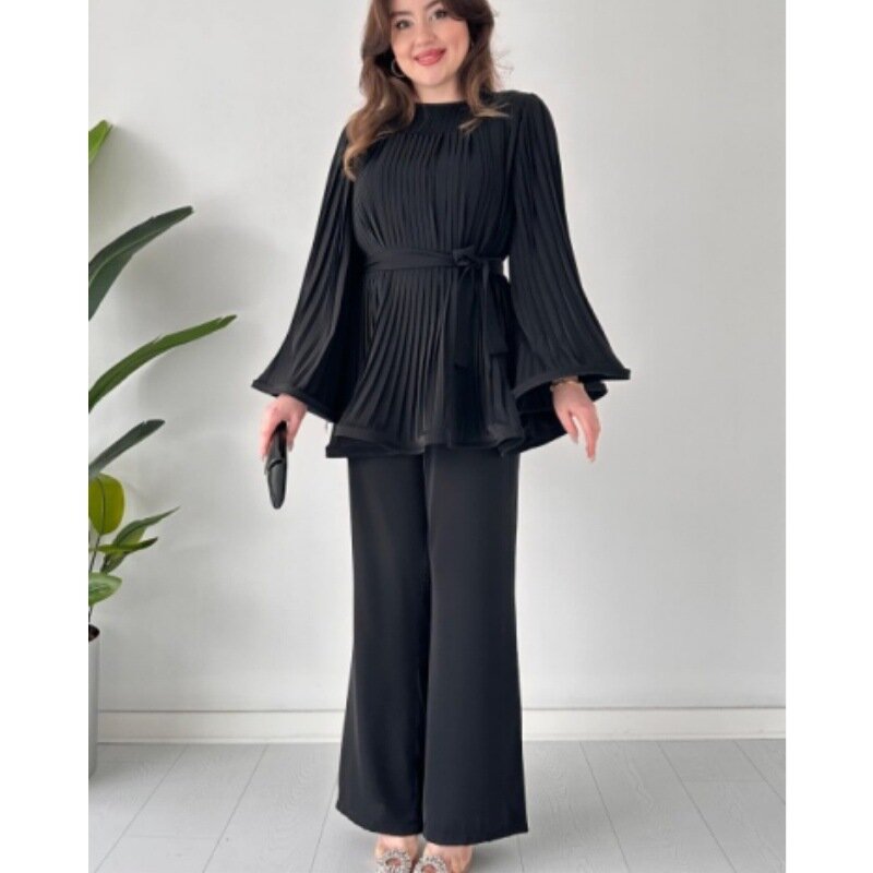 Two Piece Sets Womens Outifits Pleated Baggy Top and Wide Leg Pants Set Fashion Lace-Up Shirt Plus Size Woman Clothes Outfits