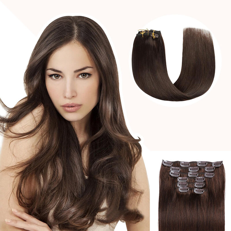 Straight Clip in Hair Extensions Real Human Hair Double Weft Seamless Invisible Dark Brown Color 2# For Women 22“-24” 100g/Set