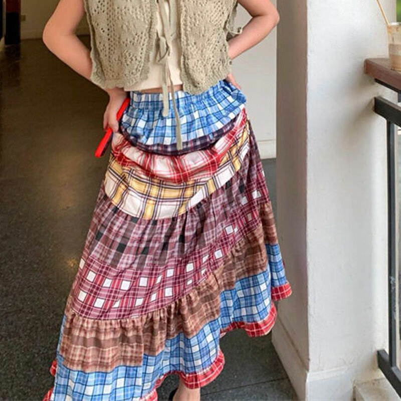 Folk Vintage Plaid Patchwork Ankle Skirts Female Clothing Stylish Contrasting Colors Spring Summer A-Line High Waist Long Skirts