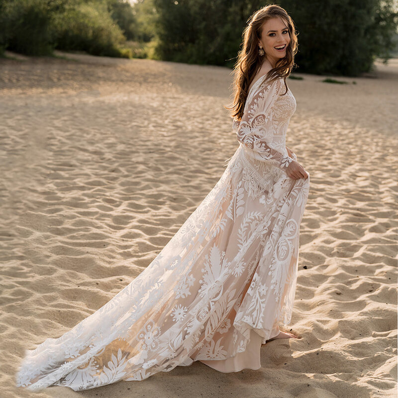 Długie bufiaste rękawy Allover koronkowe suknie ślubne Boho Elopement Custom Made linia V Neck Tassel czeska plaża skromna suknia ślubna