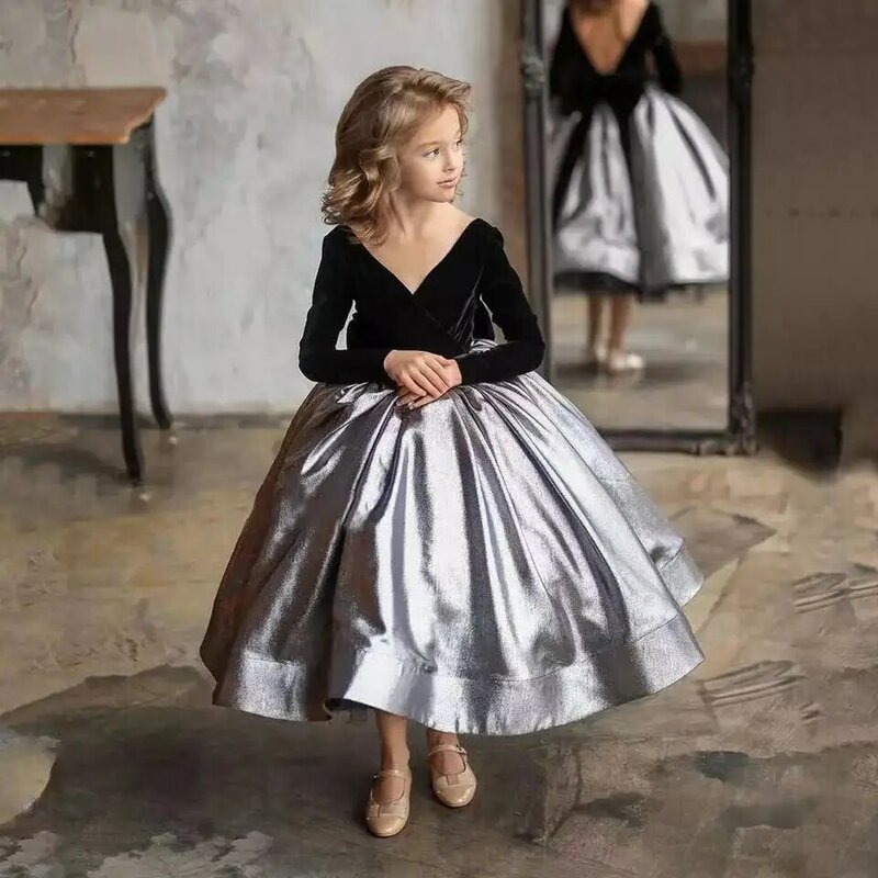 Flower Girls For Wedding Velvet Birthday Party First Holy communion Pageant Gown Long Sleeves Dresses