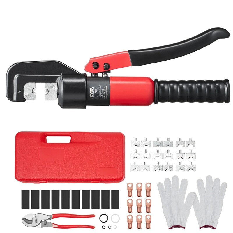 VEVOR AWG12-2/0 Crimping Tool Copper And Aluminum Terminal Battery Lug Hydraulic Crimper,with a Cutting Pliers, Gloves