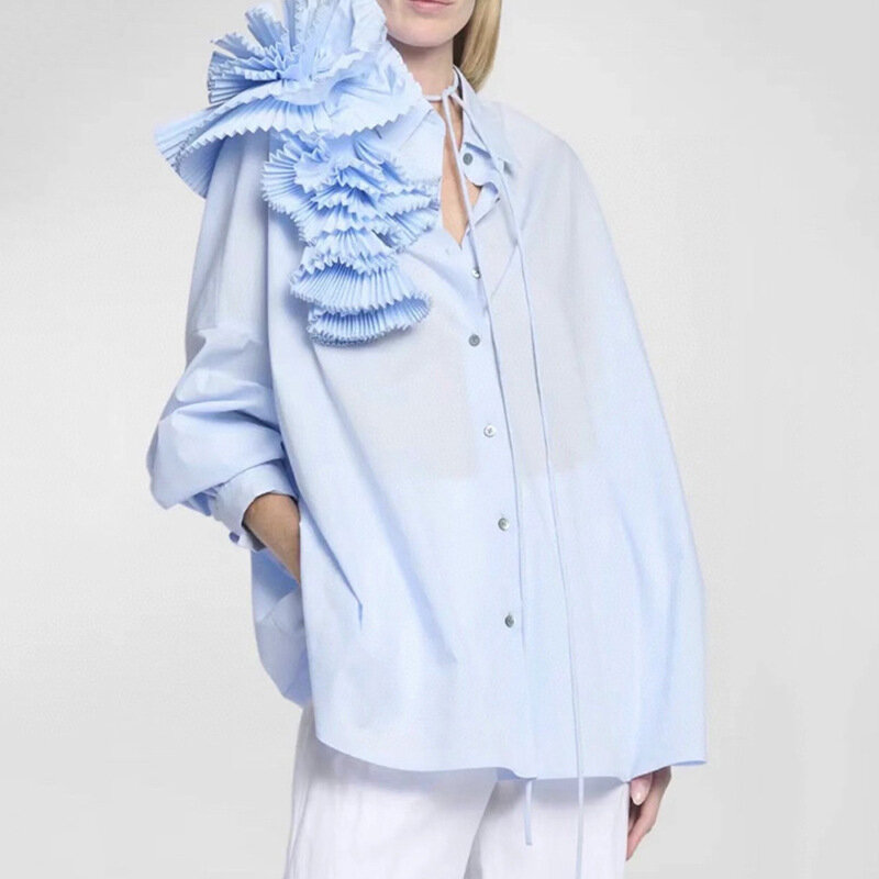 Camicia da donna firmata pieghettata fiore 3D autunno 2024 più nuovo Ins Hot Girl Street Wear Plus Size camicia Casual moda francese