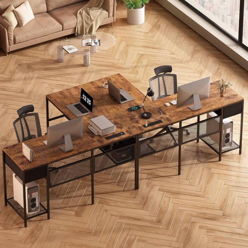 SUPERJARE-L Shaped Desk com Power Outlets, mesa do computador com gaveta, mesa de canto reversível com grade armazenamento Bookshelf