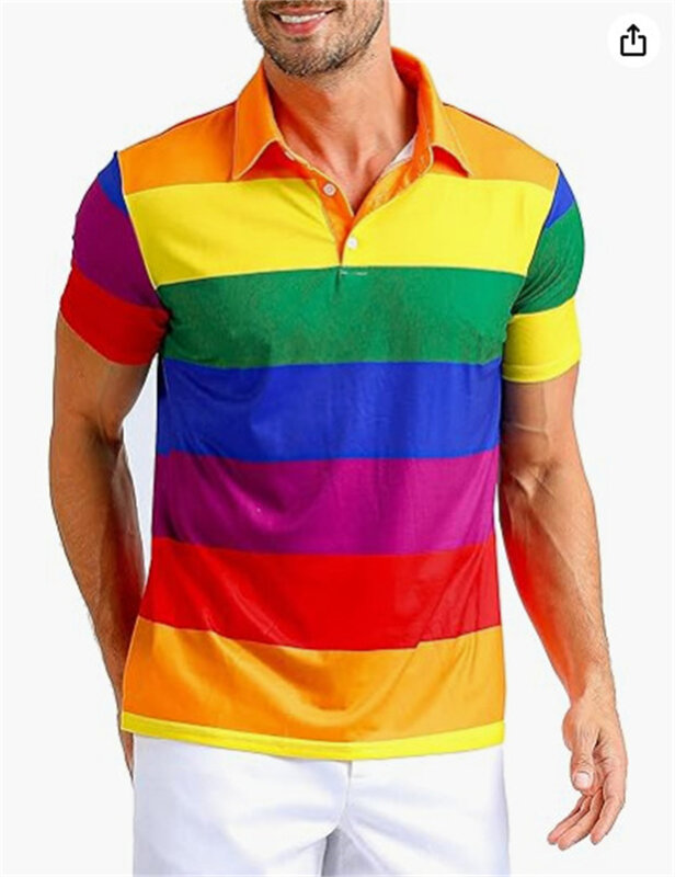 เสื้อยืดโปโลพิมพ์ลายแถบสีรุ้ง3D สำหรับผู้ชายแฟชั่นปก kemeja lengan pendek เสื้อกอล์ฟลำลองขนาดใหญ่เสื้อมีกระดุม