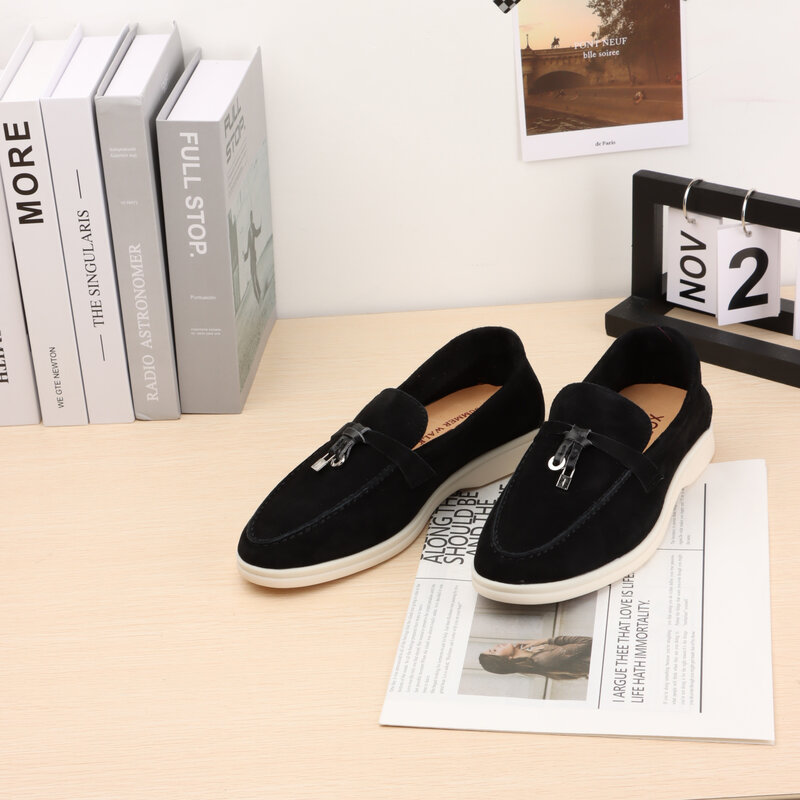 Designer Suede Women loafers 2023 Summer Men Flat Shoes Metal Slip-on Causal Moccasin Comfortable Mules lazy Driving shoes