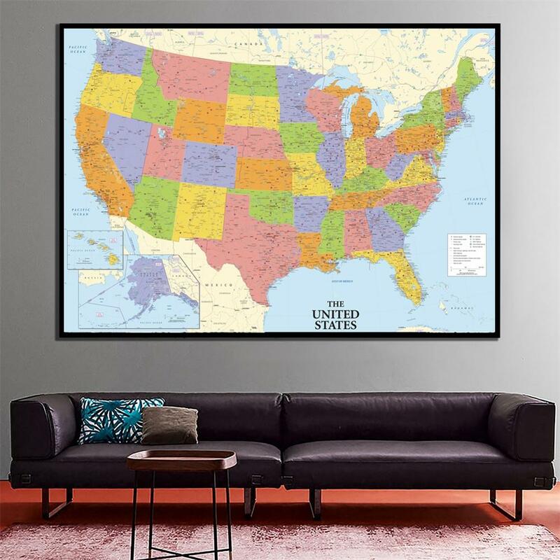 A2 rozmiar grzywny płótnie drukowane Unframed mapa stanów zjednoczonych rolki pakowane dekoracje ścienne ameryka mapa na dekoracje do domowego biura