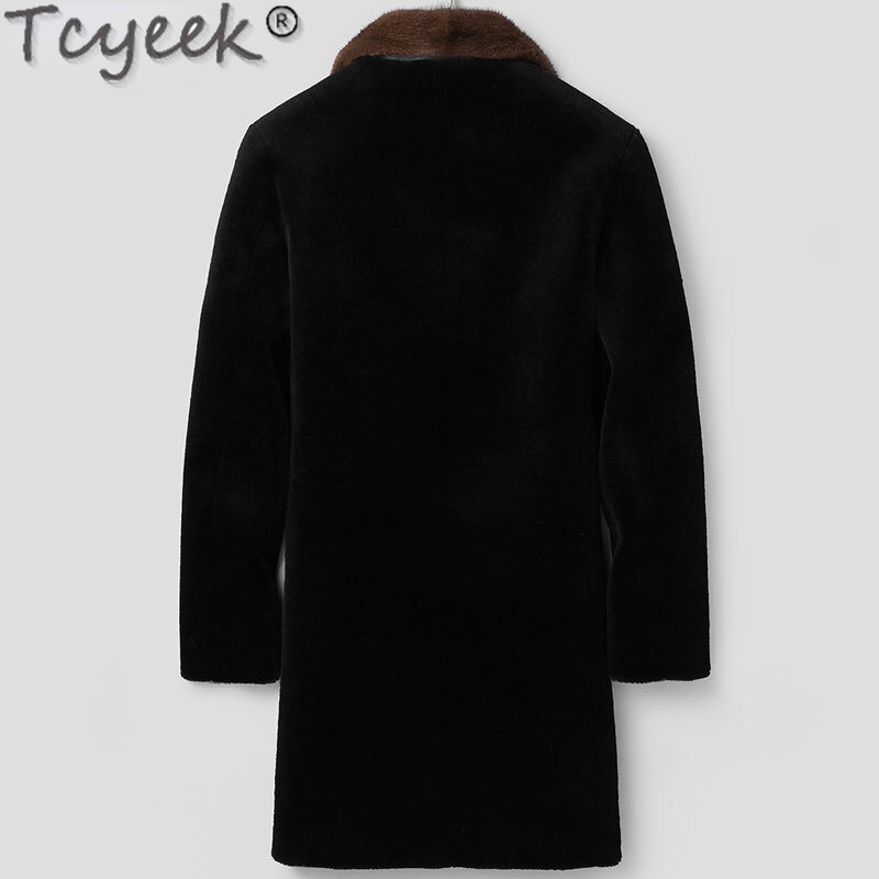 Tcyeek 밍크 모피 정장 칼라 미드 롱 울 재킷, 남성 다운 코트, 따뜻한 양 시어링 재킷, 남성 의류, 겨울 패션
