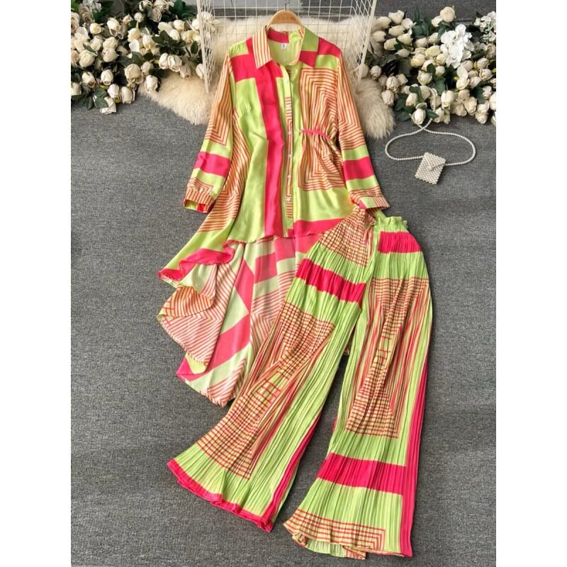 Summer Pant Suit Women Two Piece Sets Batwing Sleeve Oversized Shirt Tops + Loose Pleated Wide-leg Pants Outfits Roupas Femme