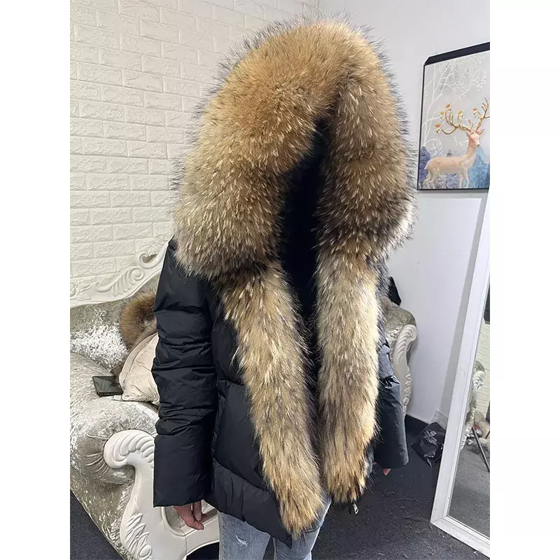 MAOMAOKONG 2024 biała kurtka puchowa zimowa damska ciepła luźna kurtka naturalna kołnierz z prawdziwego futra lisów gruba luksusowa odzież wierzchnia