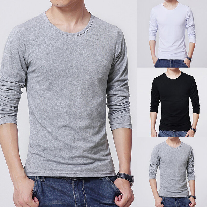 Camiseta slim fit de manga comprida masculina, tops casuais masculinos, gola redonda, branca, preta, cinza claro, fitness e esportiva