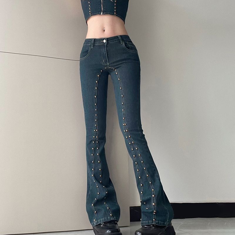 Jeans das mulheres com rebites, de cintura baixa, europeu e americano estilo retro, casual, combinar todos