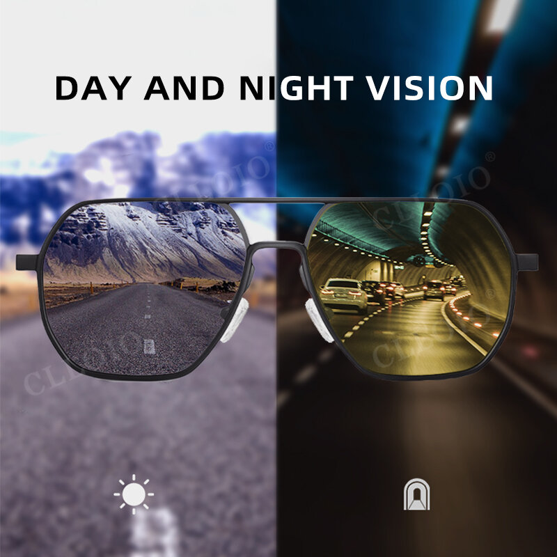 CLLOIO-눈부심 방지 주간 야간 투시경 안경, 남성 및 여성용 편광 운전 선글라스, 사각형 알루미늄 광변색 선글라스, UV400
