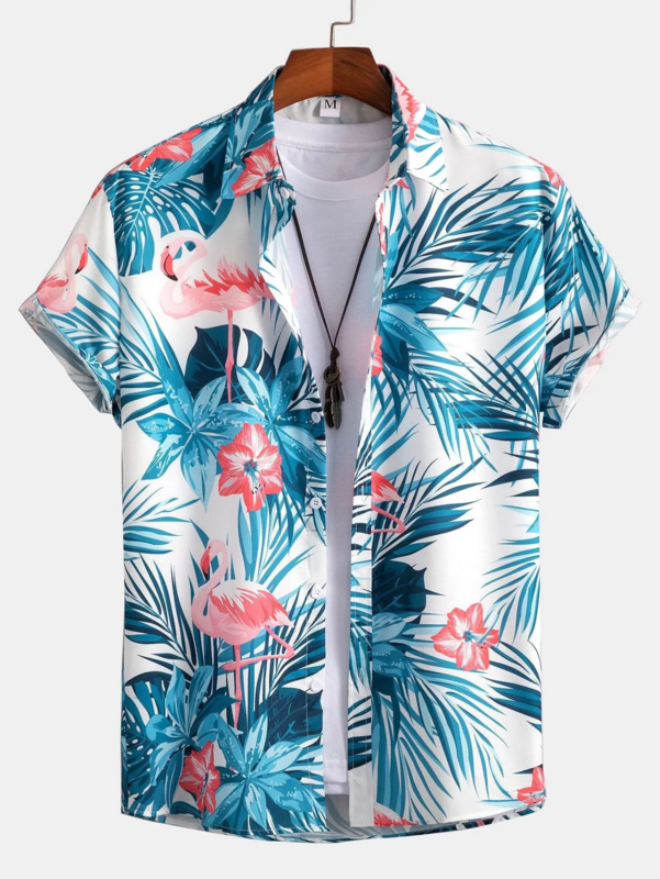 Summer seaside men's and women's versatile tops with buttons, tops, botanical floral print design short-sleeved fashion shirts