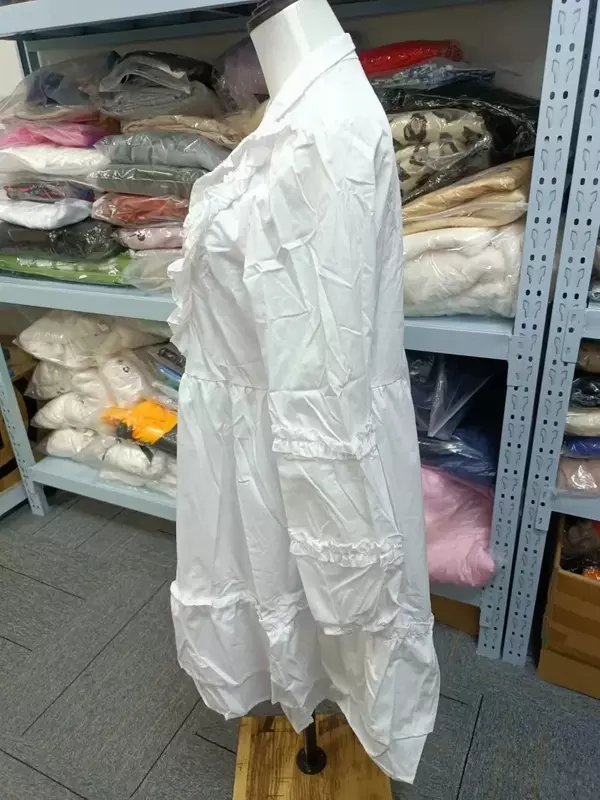 2023 Vestidos Mulher elegancki biały na szyję sukienka z lamówką seksowna jesień z długim rękawem krótkie luźne sukienki modne sukienka z bufkami