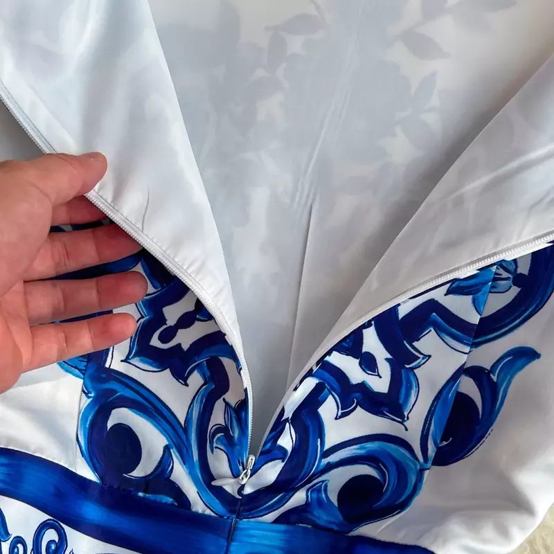 Vestido Midi con estampado de porcelana azul y blanca para mujer, cuello redondo, sin mangas, ajustado, cintura alta, pasarela