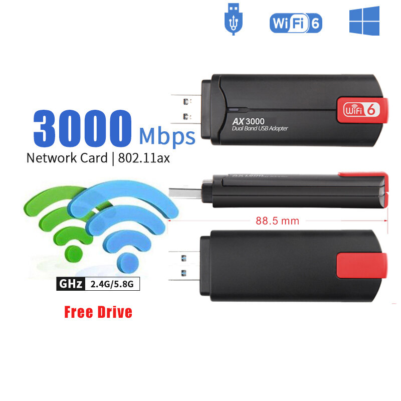 3000M Network Card Wifi 6 USB Wireless Adapter Dual Band Usb 3.0 Lan Ethernet Wifi Antenna Dongle For Laptop Desktop High Gain