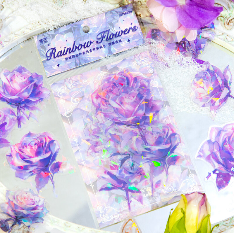 Rainbow Flowers Series Adesivos, Decoração Criativa Retro, DIY PET Adesivos, 12 Pacotes por lote